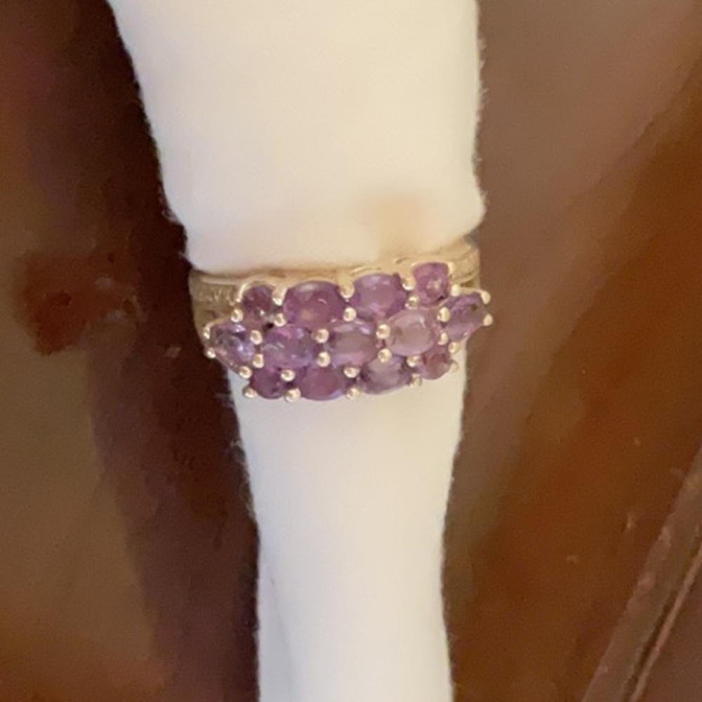 Delicate Rows of Amethyst Stones On A Silver Ring